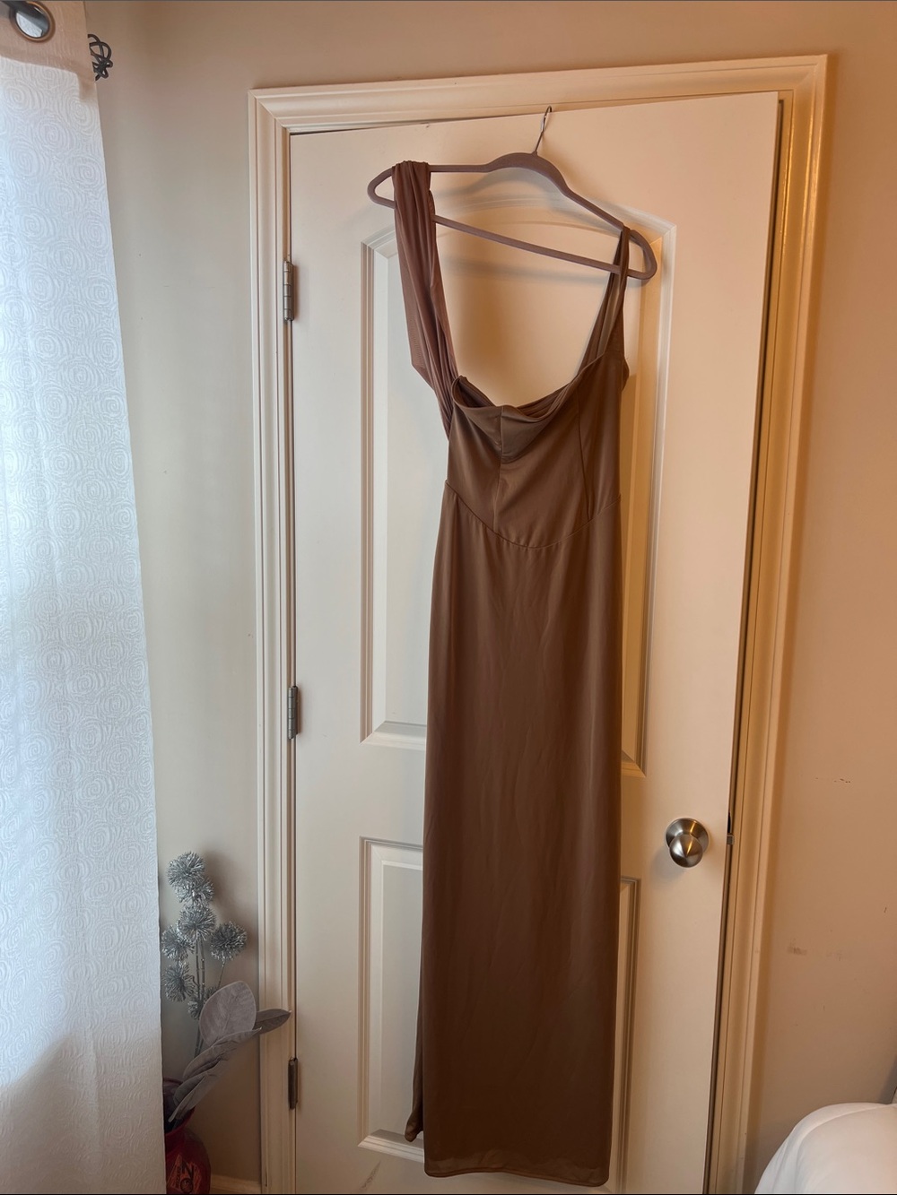 Strapless Square-Neck Dress in Camel Brown